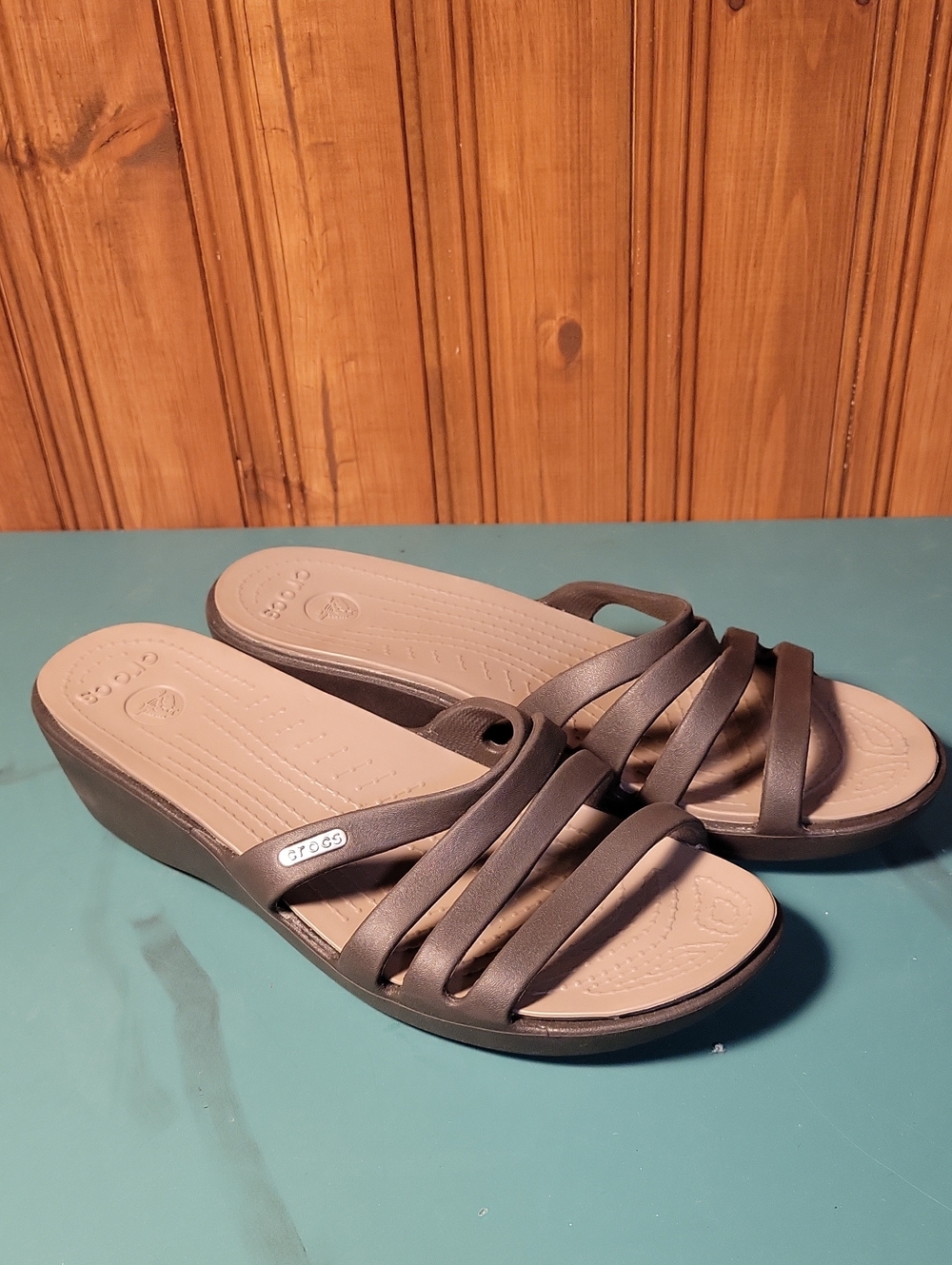 CROCS Women's Brown & Taupe Wedge Slide Sandals Size 10